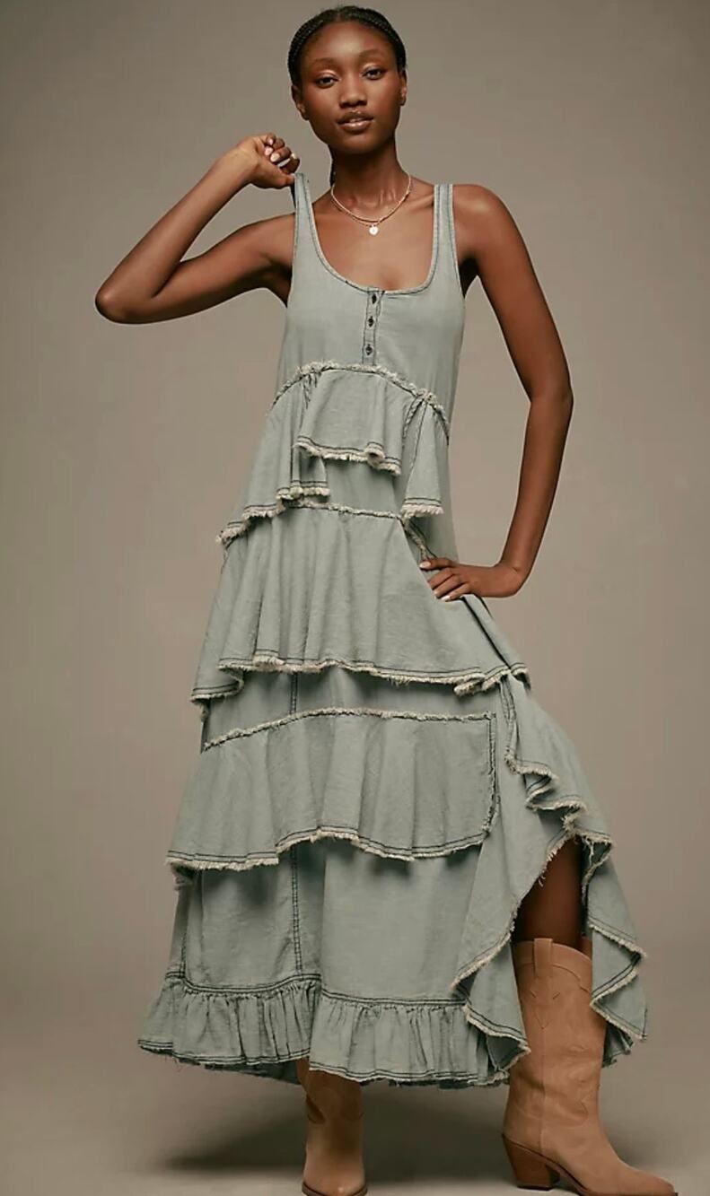 Anthropologie Pilcro Denim Tiered Ruffle Frayed Midi Dress Light Wash Blue
Med - Picture 1 of 8